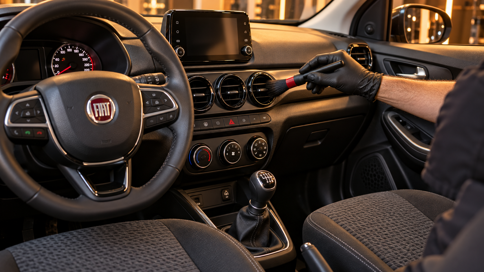 Detalhamento do interior de um Fiat Argo com pincel macio, imagem ilustrativa