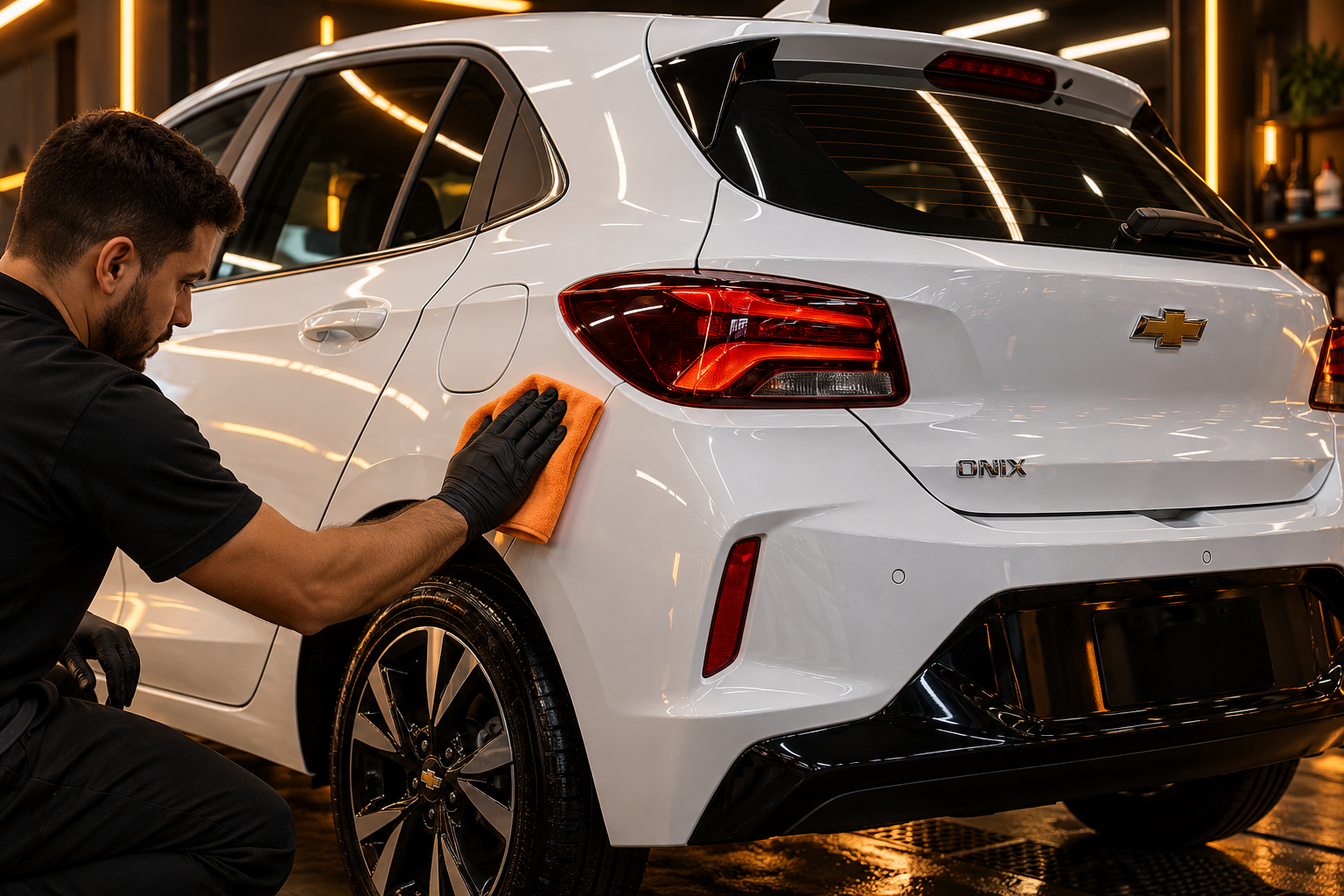 Acabamento com microfibra na pintura de um Chevrolet Onix branco, imagem ilustrativa